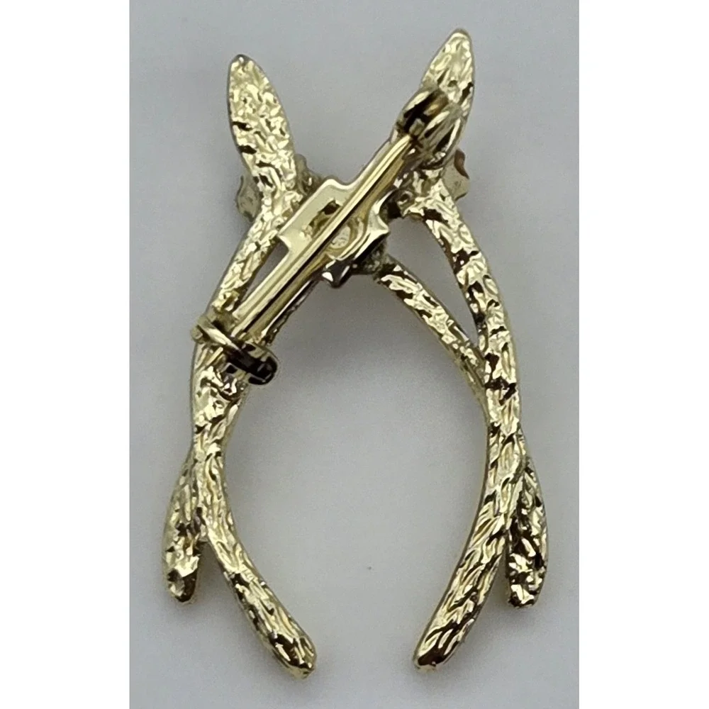 Vintage Gold Tone Wishbone Brooch Lucky‎ Charm Faux Pearl Green Rhinestone Pin